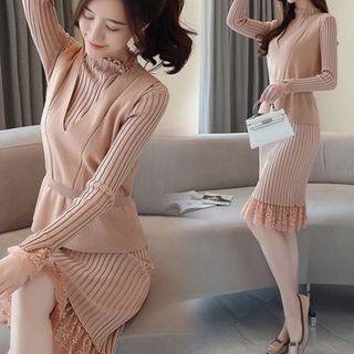Set: Lace Paneled Ribbed Sweater Dress + Knit Vest