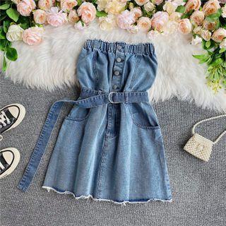 Button-detail Belted Bandeau Denim Dress