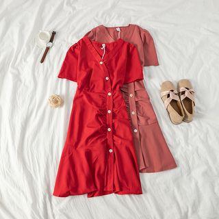 Ruffle Hem Shirred Front Single-breasted Sheath Dress