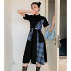 Short-sleeve Plaid Irregular Midi Shirtdress