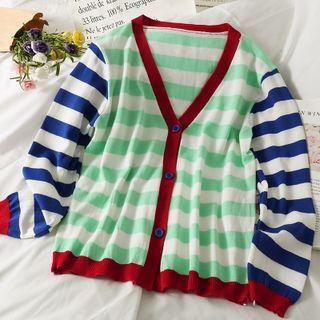 Colorblock-stripe Loose Cardigan Green - One Size