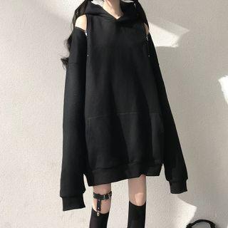 Plain Cold Shoulder Hoodie Black - One Size