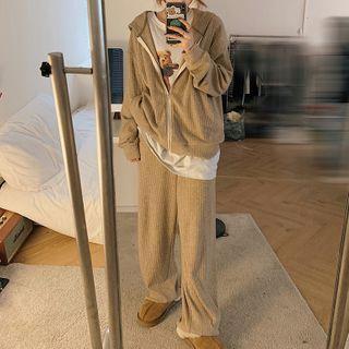 Knit Hooded Zip Jacket / Wide Leg Pants