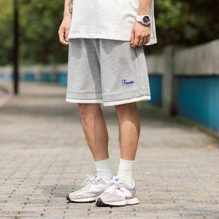 Lettering Embroidered Mock Two-piece Sweat Shorts