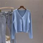 Long-sleeve V-neck Plain Button-up Cropped Cardigan