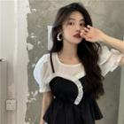 Mock Two-piece Puff-sleeve Frill Trim Peplum Top Black - One Size