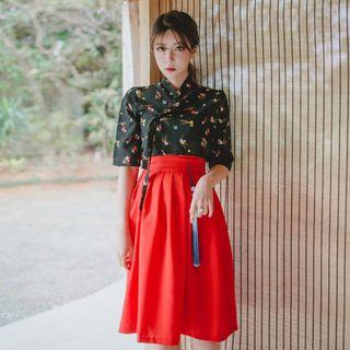 Elbow-sleeve Hanbok Top (floral / Black)