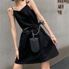 Spaghetti-strap Plain A-line Dress / Faux Leather Belt / Bags