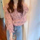 Floral Print Ruffled Bell-sleeve Chiffon Blouse Pink - One Size