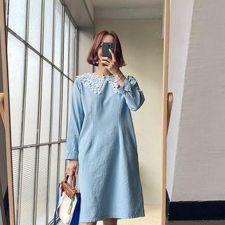 Lace-collar Zip-back Denim Dress