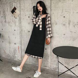 Long-sleeve Plaid Midi Dress / Sleeveless Midi Knit Dress / Set