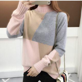 Mock-turtleneck Color Block Sweater