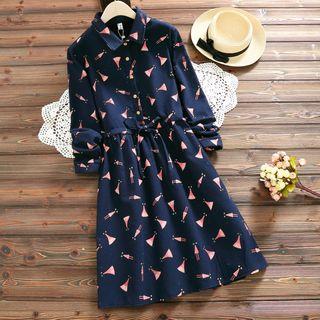 Fleece-lining Printed Drawstring Shirtdress