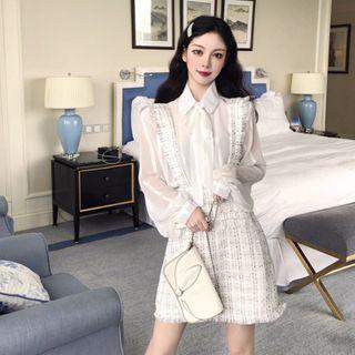 Long-sleeve Bow-accent Blouse / Suspender Mini Tweed Skirt