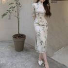 Elbow-sleeve Print Midi Qipao Dress