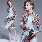 Flower Print Accordion Pleat Chiffon Shirtdress