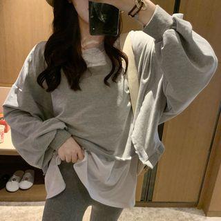 Mock Two Piece Color Block Pullover / High-waist Plain Leggings