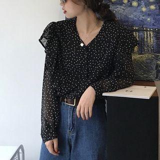Polka Dot V-neck Ruffle Blouse