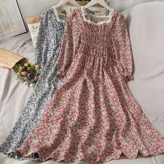 Lace-neckline Floral Smocked Midi Dress