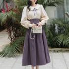Set: Bishop-sleeve Blouse + Lace-up Midi A-line Skirt
