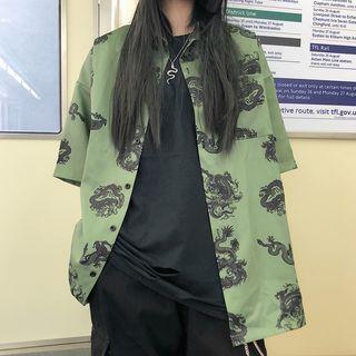 Elbow-sleeve Dragon Printed Shirt Green - One Size