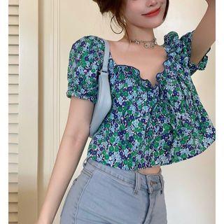 Puff-sleeve Floral Blouse Floral - Blue - One Size