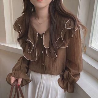 Ruffle Trim Blouse Brown - One Size