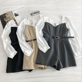 Color-block Square-neck Long-sleeve Jumper Shorts With Belt