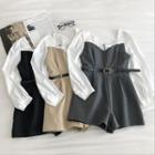 Color-block Square-neck Long-sleeve Jumper Shorts With Belt