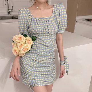 Short-sleeve Check Drawstring Mini Bodycon Dress