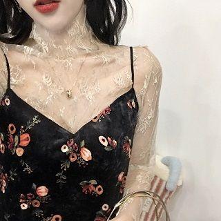 See-through Mesh Top / Floral Velvet Slipdress