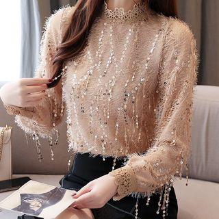 Long-sleeve Fringed Sequined Top