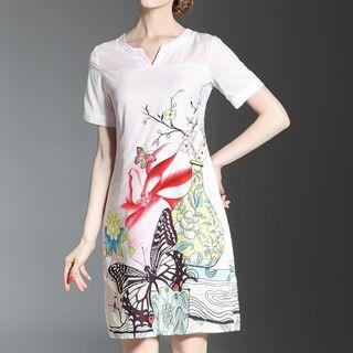 Butterfly Print Short-sleeve Shift Dress