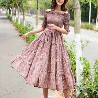 Elbow-sleeve Patterned Off Shoulder A-line Midi Dress