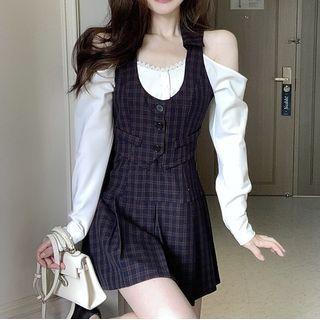 Cold-shoulder Mock Two-piece Plaid Mini Dress