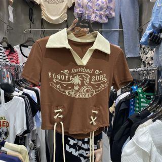 Contrast Collar Print Cropped Polo Shirt
