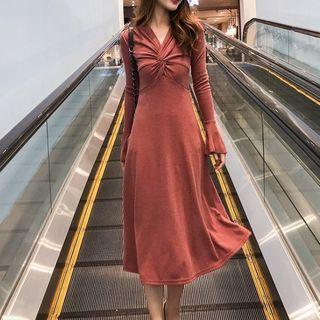 Long-sleeve Twist-front A-line Midi Dress