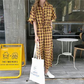 Cropped Plaid Elbow-sleeve Jumpsuit