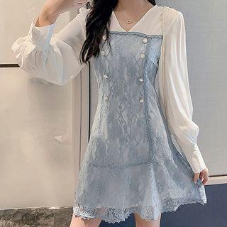 Long-sleeve Lace Overlay Double-breasted A-line Dress