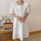 Square Neck Puff Sleeve Dress White - One Size