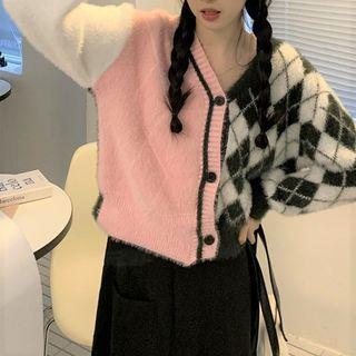 Two-tone V-neck Argyle Cardigan Black & Pink - One Size