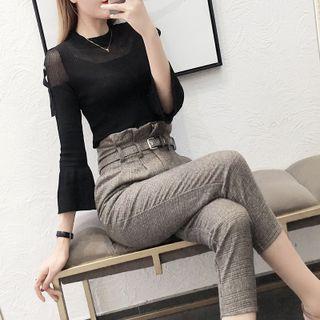 Set: Flared-cuff Blouse + Plaid Crop Straight Leg Pants