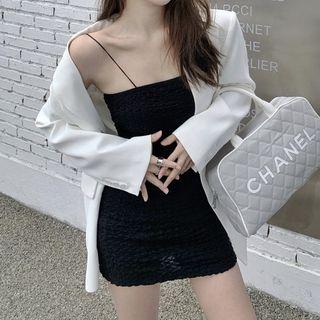 Plain Double-breasted Blazer / Spaghetti Strap Mini Sheath Dress