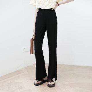 High-waist Plain Split Straight-cut Pants Black - One Size