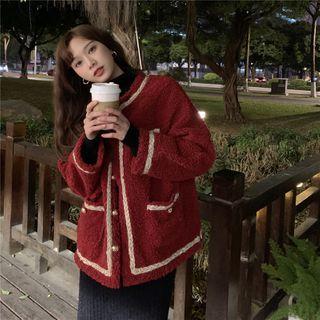 Contrast Trim Fleece Button-up Jacket