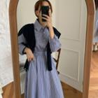 Striped Long-sleeve Midi Collared Dress / Knit Cape