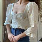 Flower Embroidered Ruffle Trim Cropped Blouse