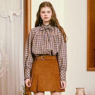 Frilled Tie-neck Shirred Plaid Blouse Multicolor - One Size
