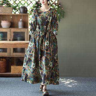 Long-sleeve Floral Midi A-line Dress Peacock Blue - One Size