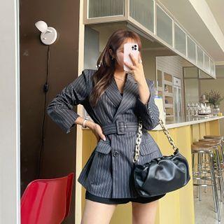 Double-breasted Stripe Blazer With Belt Gray - One Size